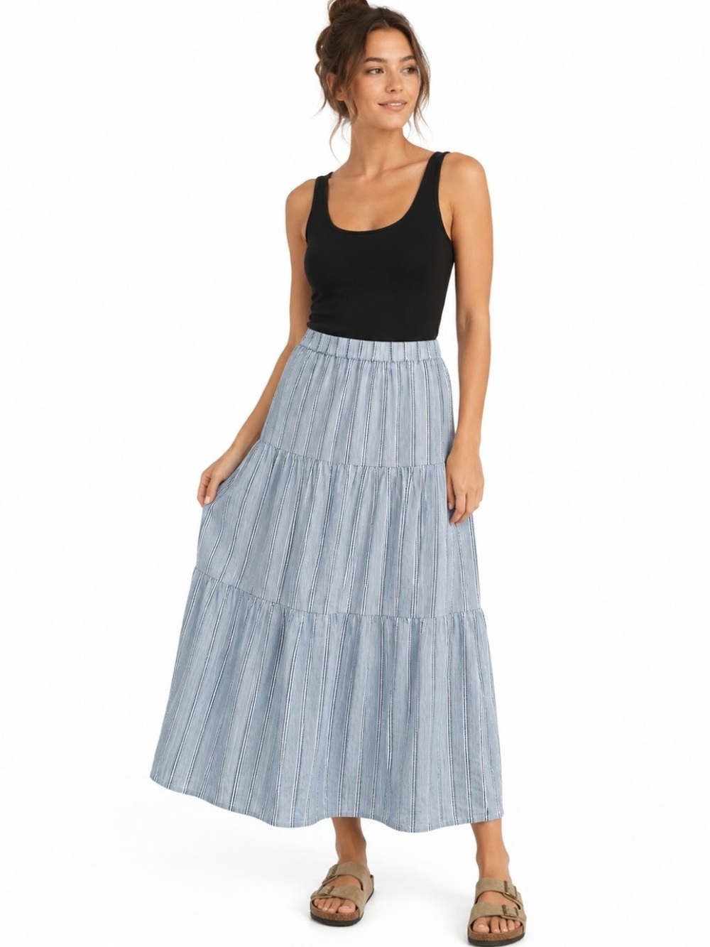 Soaked in Luxury Striped Skirt M Boho Tiered Beach Coastal Cottagecore Cotton